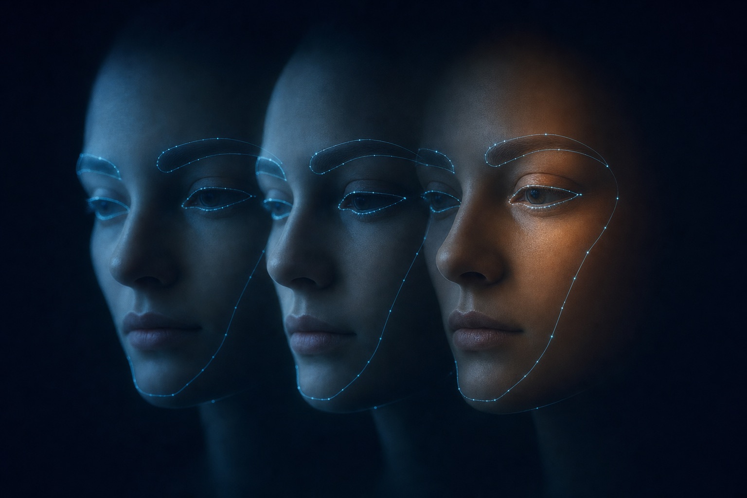 Three ghosted layers of the same rendered face offset slightly, with cyan contour lines tracking micro-movement around the eyes and jaw