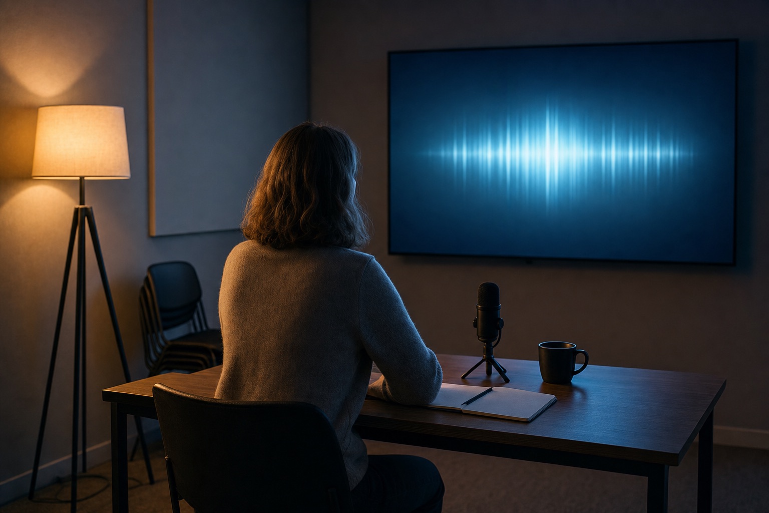 A person rehearsing a conversation with a live AI agent on a wall display in a quiet practice room