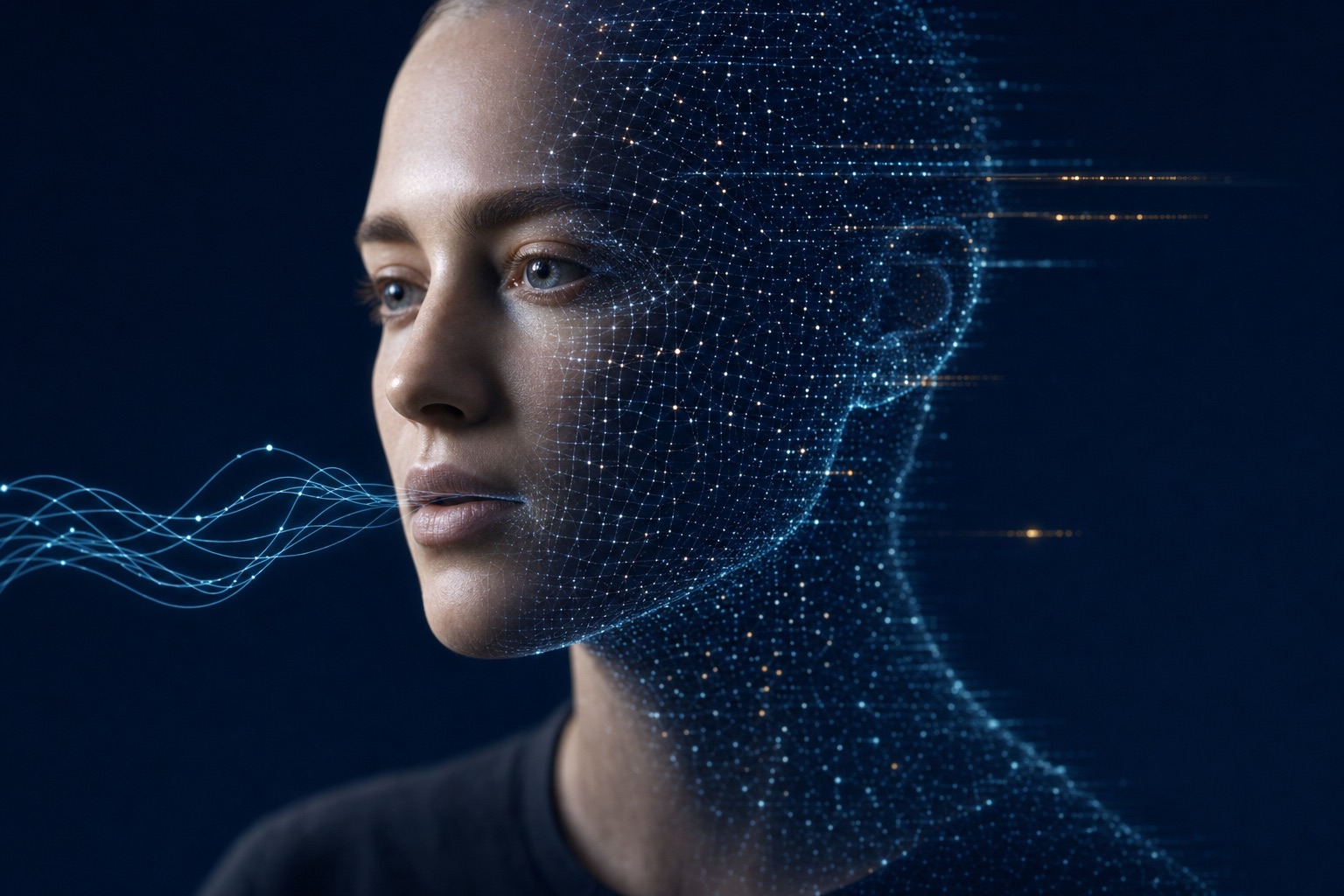 A digital human portrait half photorealistic and half dissolving into a luminous point cloud