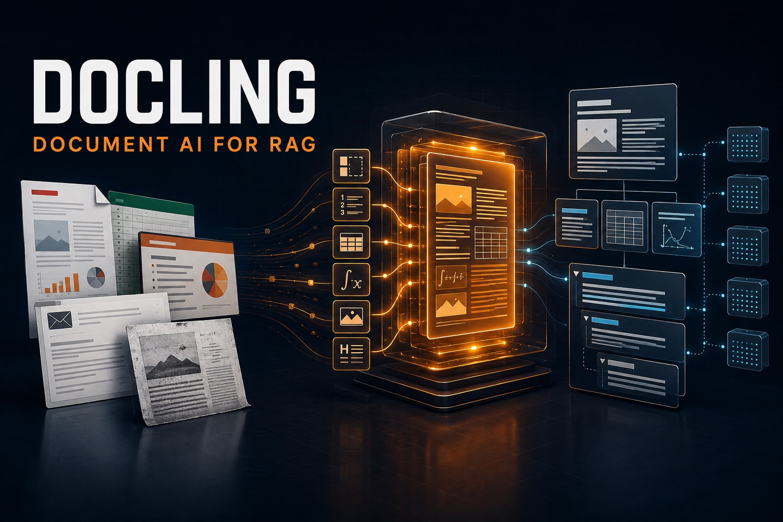 Docling document AI illustration showing PDFs, spreadsheets, slides, email and scans becoming structured content for RAG