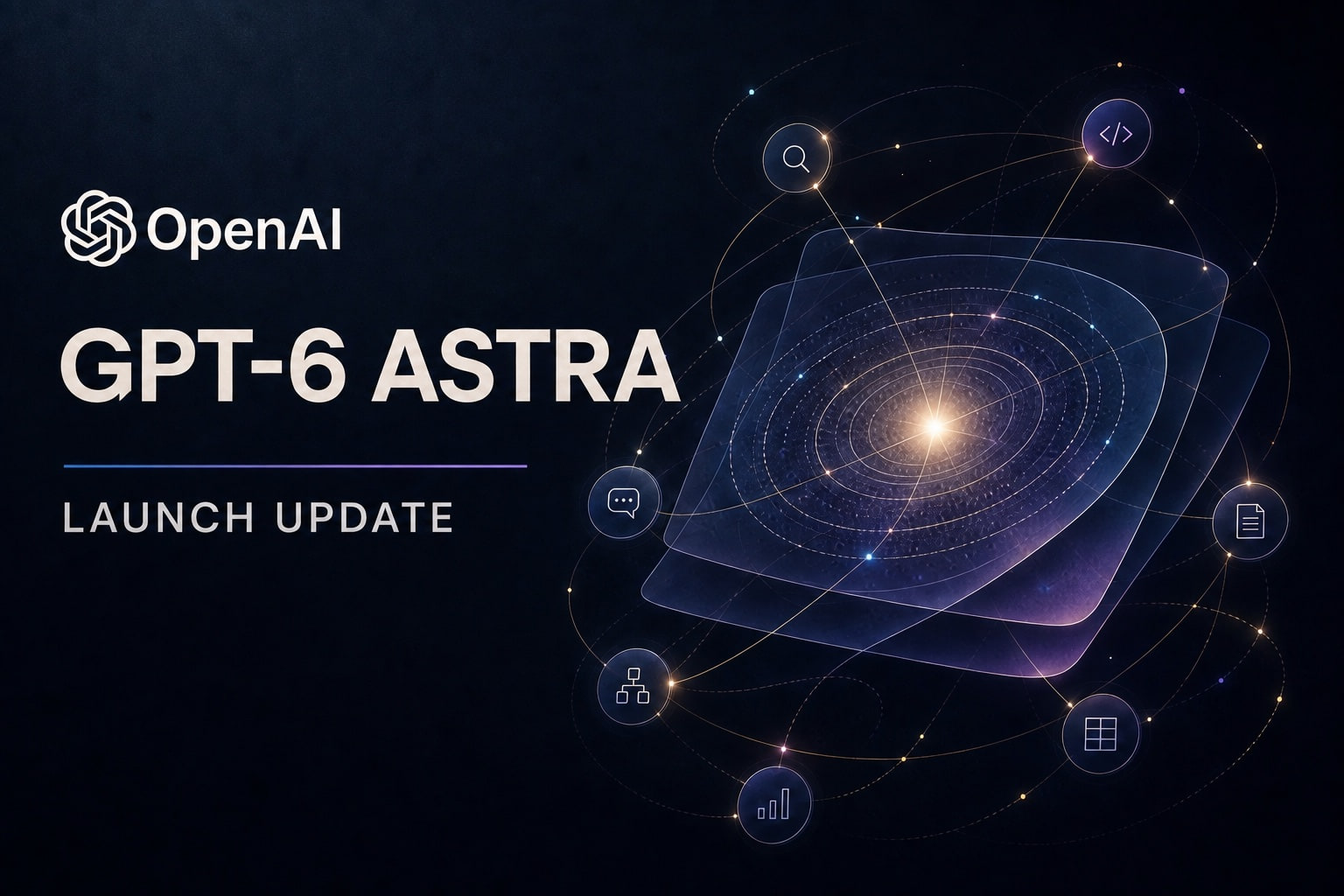 OpenAI GPT-6 Astra launch update graphic with a luminous model core and orbiting agent tools