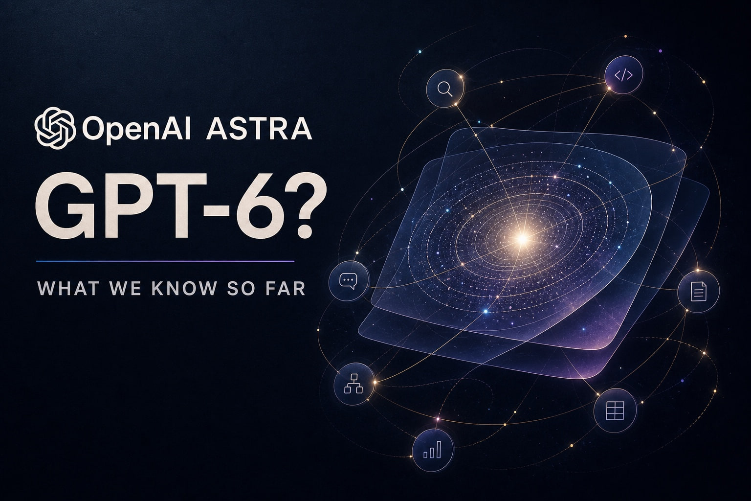 OpenAI Astra redaktionelle Grafik mit GPT-6 als Frage und verbundenen Agententools, die einen leuchtenden Modellkern umkreisen
