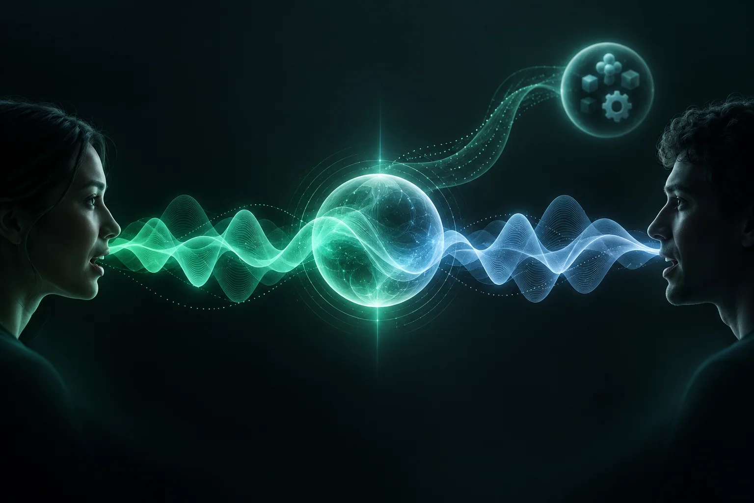 Two people having a simultaneous voice conversation through GPT Live 1 while a backend tool works in the background
