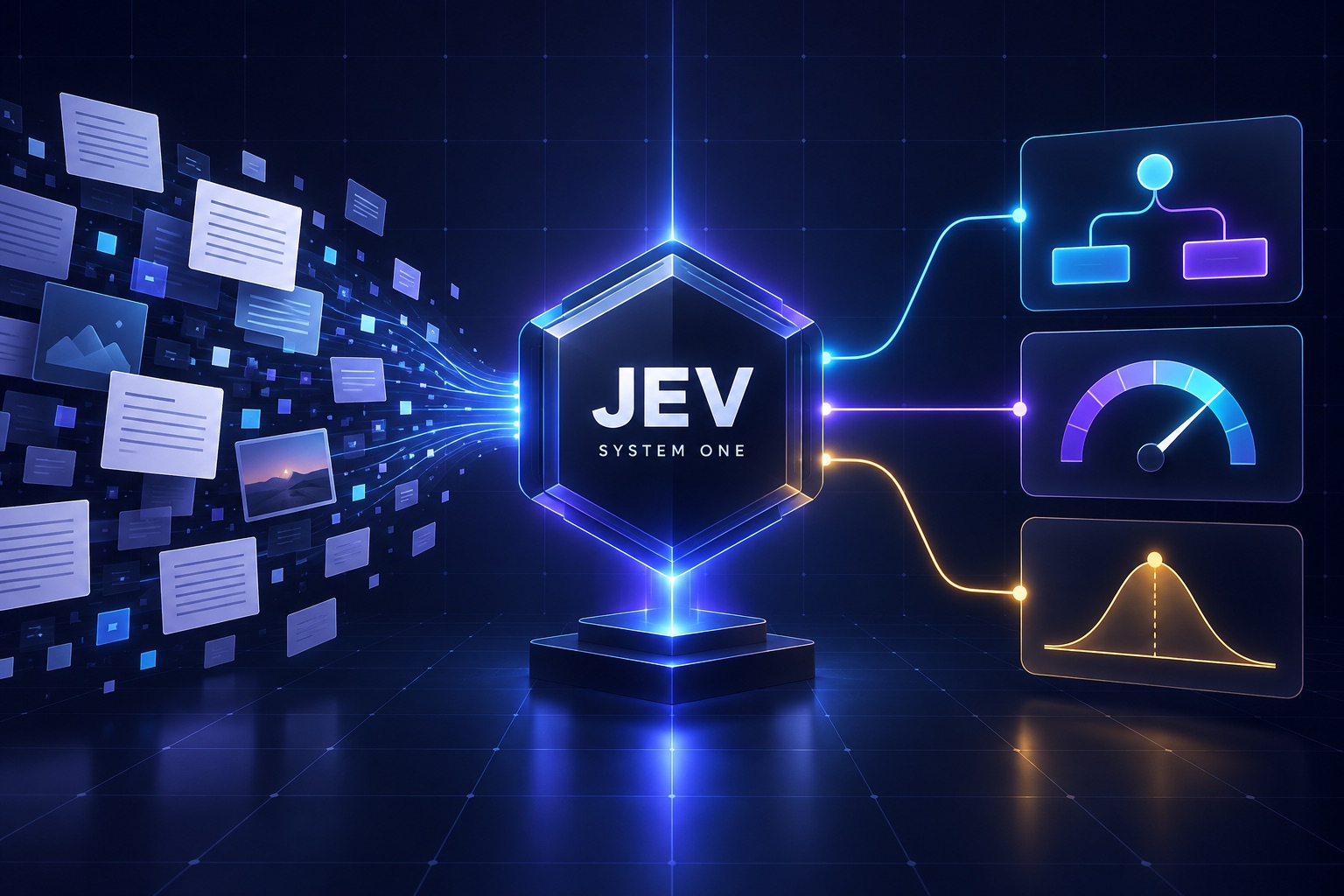 Jev System One decision model turning unstructured text into a choice, a score, and a probability